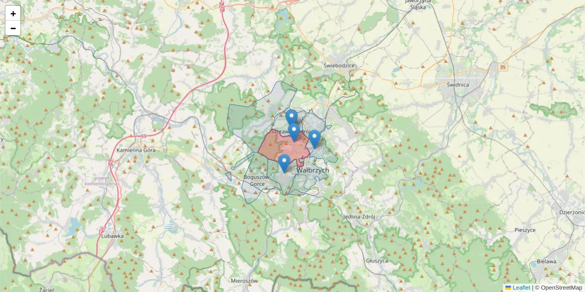 Szczegółowa mapa kodu pocztowego 58-304 z granicami, sąsiednimi kodami pocztowymi i urzędami pocztowymi