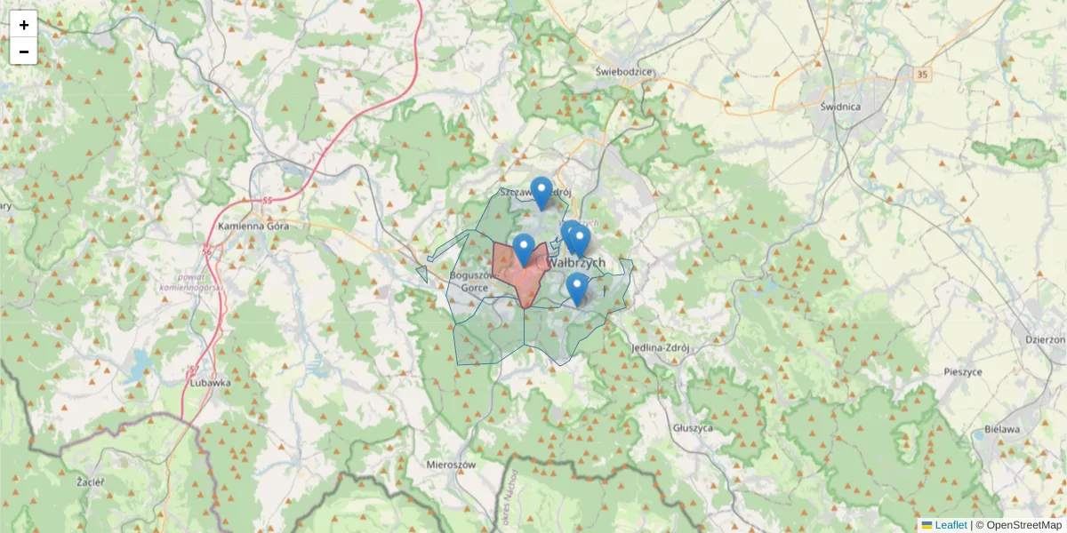 Szczegółowa mapa kodu pocztowego 58-305 z granicami, sąsiednimi kodami pocztowymi i urzędami pocztowymi