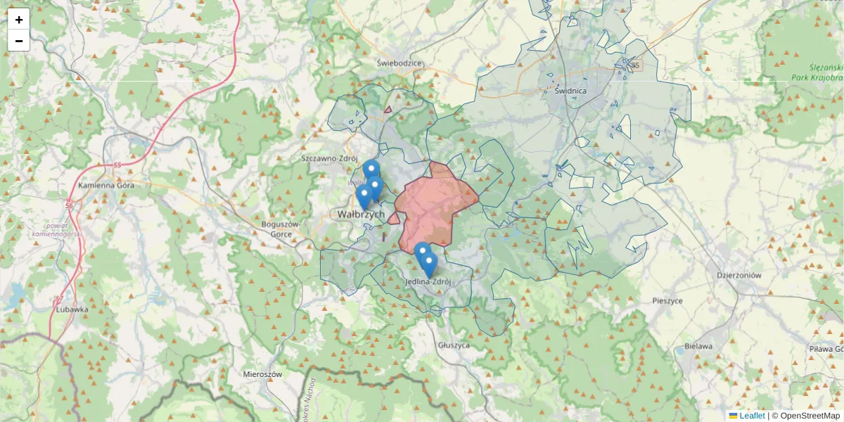 Szczegółowa mapa kodu pocztowego 58-308 z granicami, sąsiednimi kodami pocztowymi i urzędami pocztowymi
