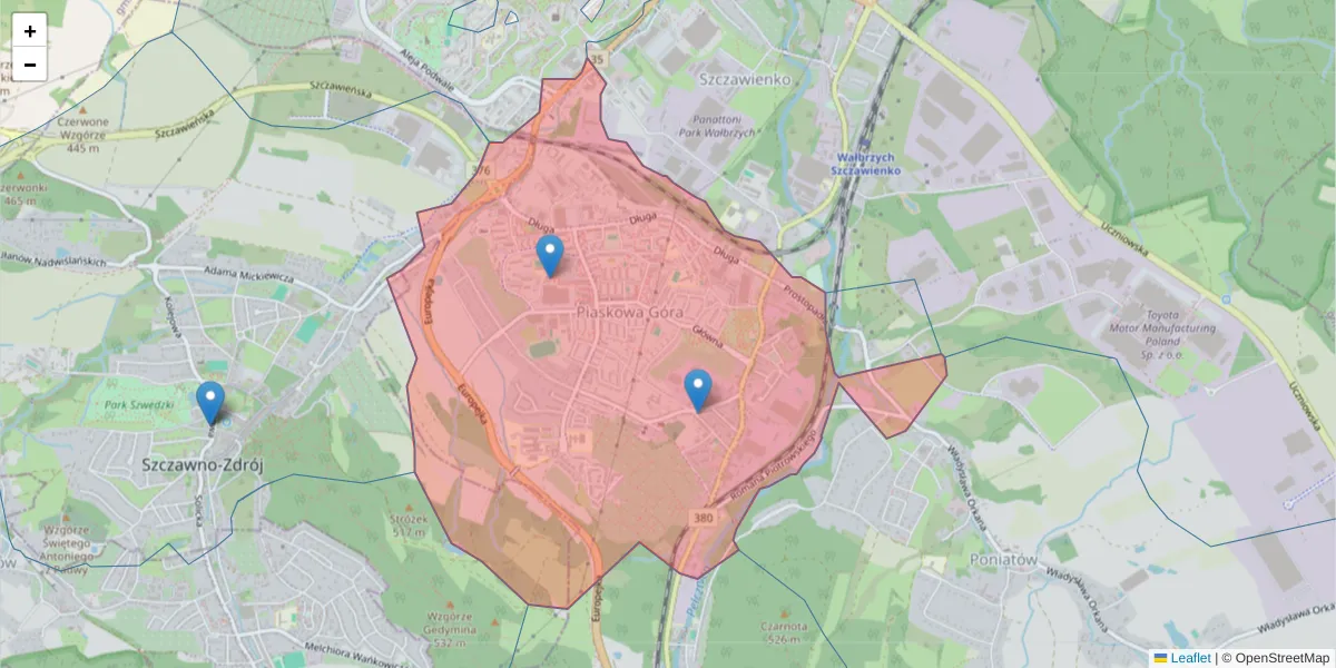 Szczegółowa mapa kodu pocztowego 58-309 z granicami, sąsiednimi kodami pocztowymi i urzędami pocztowymi