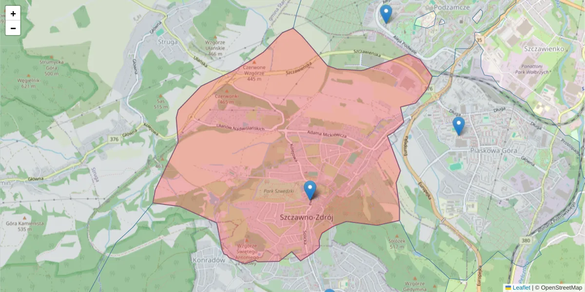Szczegółowa mapa kodu pocztowego 58-310 z granicami, sąsiednimi kodami pocztowymi i urzędami pocztowymi