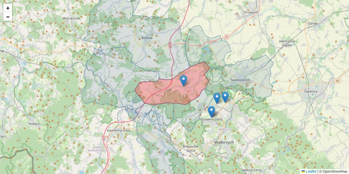 Szczegółowa mapa kodu pocztowego 58-312 z granicami, sąsiednimi kodami pocztowymi i urzędami pocztowymi