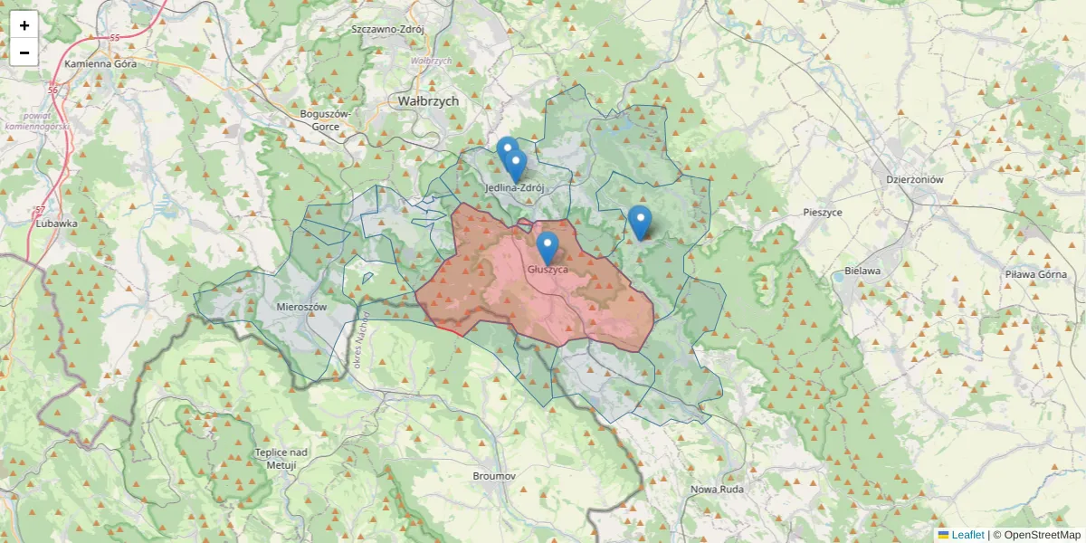 Szczegółowa mapa kodu pocztowego 58-340 z granicami, sąsiednimi kodami pocztowymi i urzędami pocztowymi