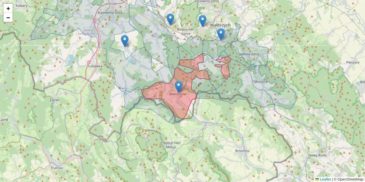 Szczegółowa mapa kodu pocztowego 58-350 z granicami, sąsiednimi kodami pocztowymi i urzędami pocztowymi