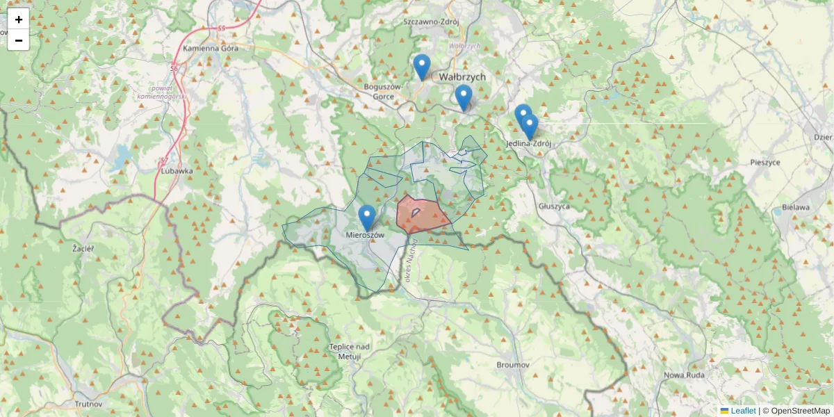 Szczegółowa mapa kodu pocztowego 58-351 z granicami, sąsiednimi kodami pocztowymi i urzędami pocztowymi
