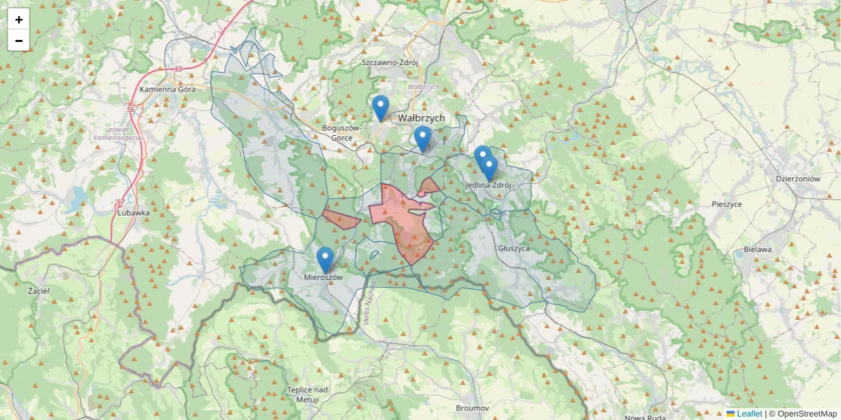 Szczegółowa mapa kodu pocztowego 58-352 z granicami, sąsiednimi kodami pocztowymi i urzędami pocztowymi