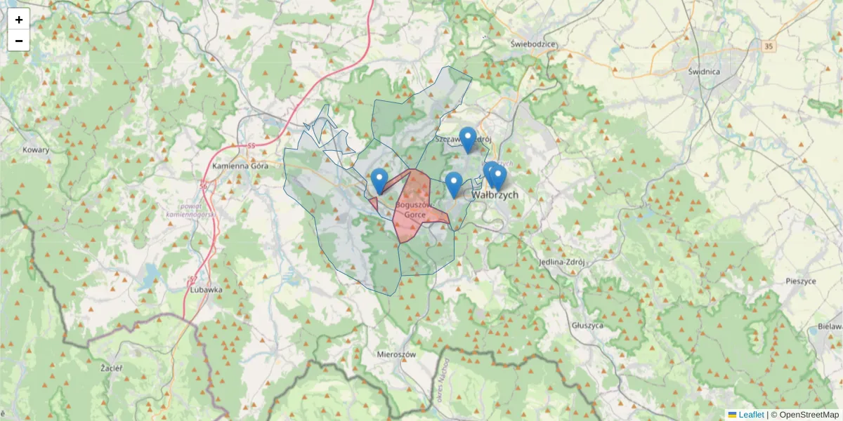 Szczegółowa mapa kodu pocztowego 58-370 z granicami, sąsiednimi kodami pocztowymi i urzędami pocztowymi
