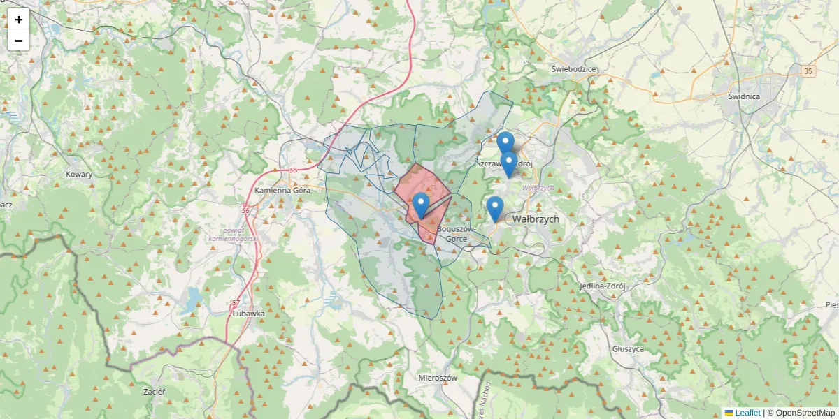 Szczegółowa mapa kodu pocztowego 58-371 z granicami, sąsiednimi kodami pocztowymi i urzędami pocztowymi
