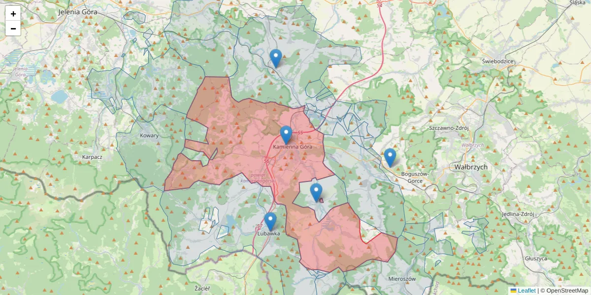 Szczegółowa mapa kodu pocztowego 58-400 z granicami, sąsiednimi kodami pocztowymi i urzędami pocztowymi
