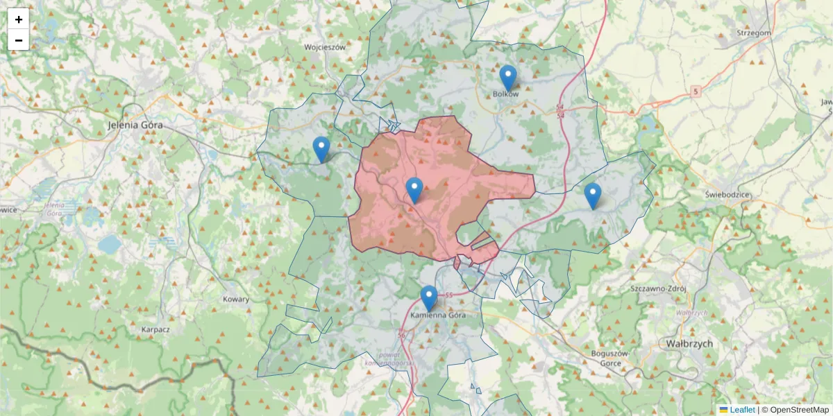Szczegółowa mapa kodu pocztowego 58-410 z granicami, sąsiednimi kodami pocztowymi i urzędami pocztowymi