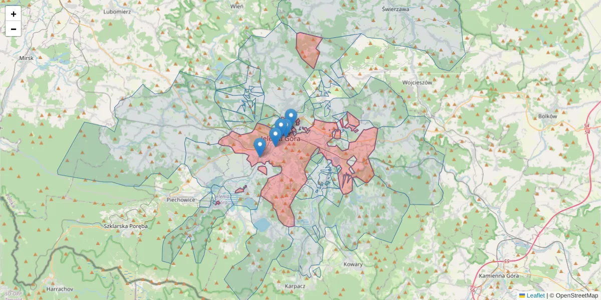 Szczegółowa mapa kodu pocztowego 58-500 z granicami, sąsiednimi kodami pocztowymi i urzędami pocztowymi