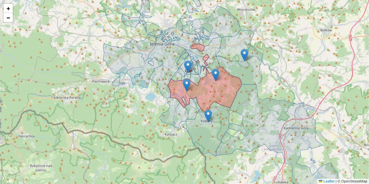 Szczegółowa mapa kodu pocztowego 58-533 z granicami, sąsiednimi kodami pocztowymi i urzędami pocztowymi