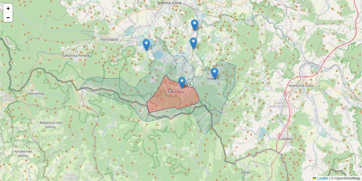 Szczegółowa mapa kodu pocztowego 58-540 z granicami, sąsiednimi kodami pocztowymi i urzędami pocztowymi