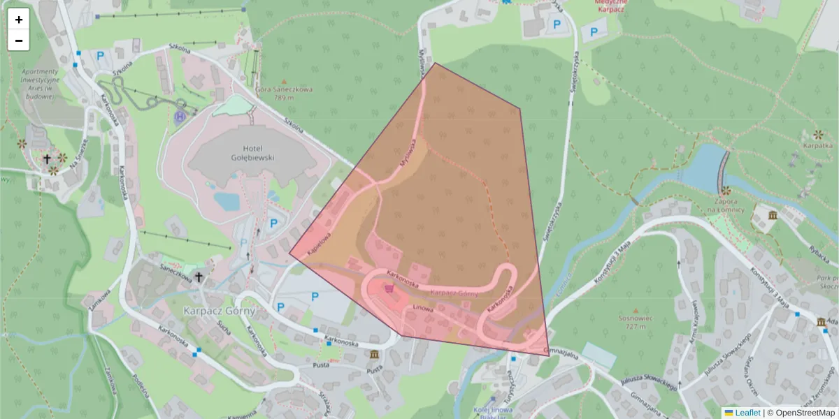 Szczegółowa mapa kodu pocztowego 58-840 z granicami, sąsiednimi kodami pocztowymi i urzędami pocztowymi