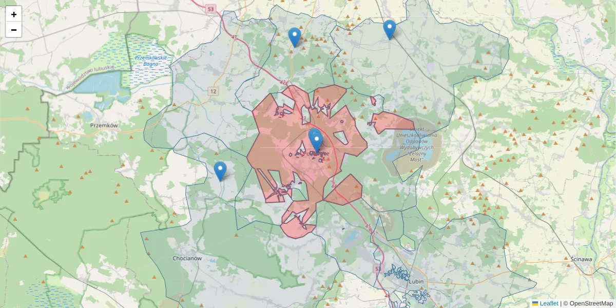 Szczegółowa mapa kodu pocztowego 59-101 z granicami, sąsiednimi kodami pocztowymi i urzędami pocztowymi