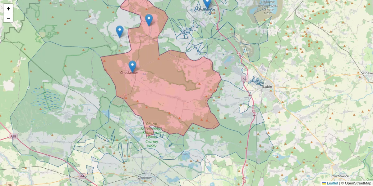 Szczegółowa mapa kodu pocztowego 59-140 z granicami, sąsiednimi kodami pocztowymi i urzędami pocztowymi