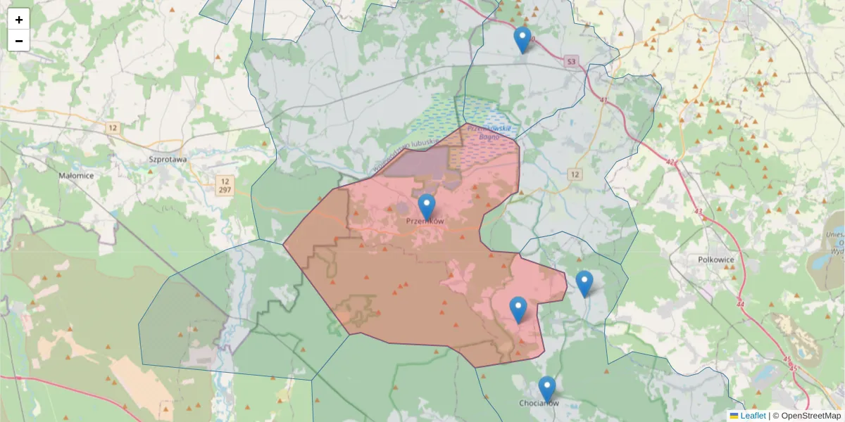 Szczegółowa mapa kodu pocztowego 59-170 z granicami, sąsiednimi kodami pocztowymi i urzędami pocztowymi