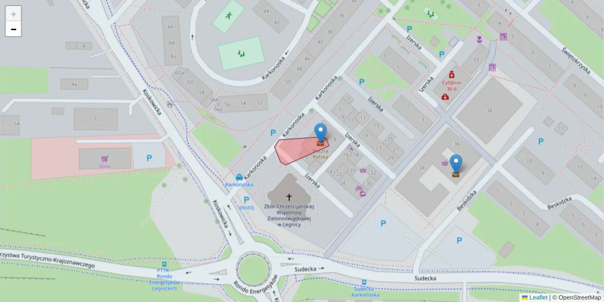 Szczegółowa mapa kodu pocztowego 59-210 z granicami, sąsiednimi kodami pocztowymi i urzędami pocztowymi