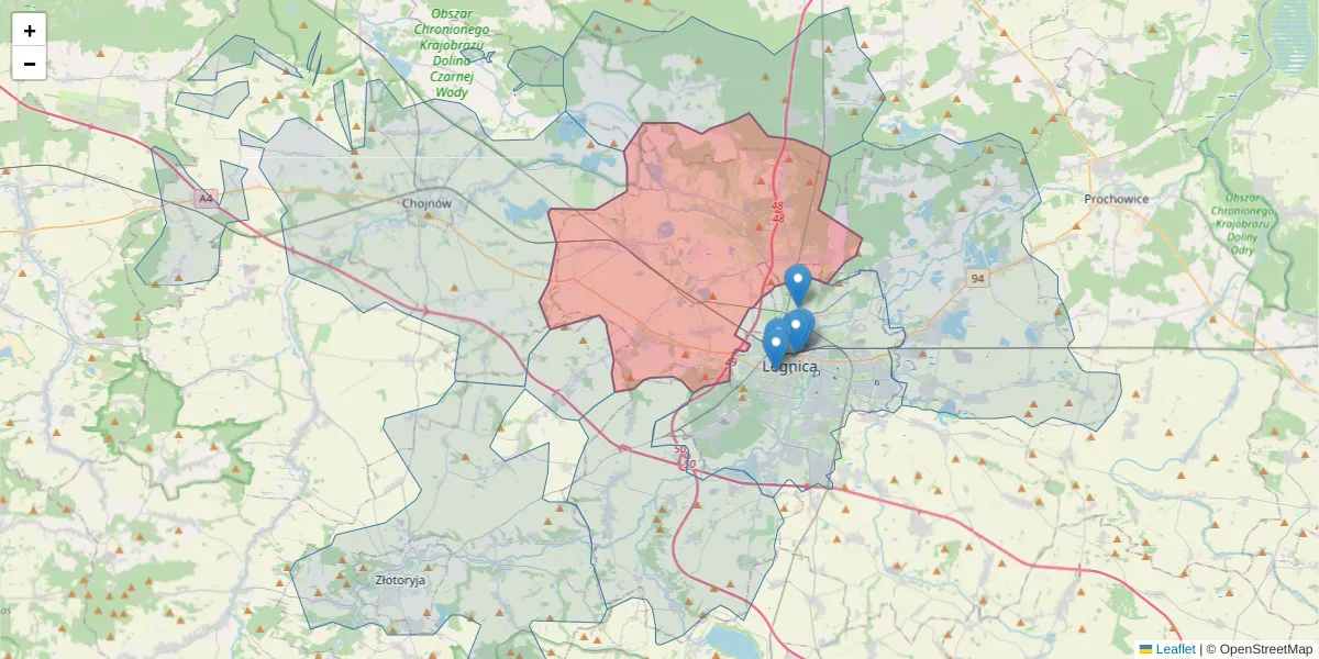 Szczegółowa mapa kodu pocztowego 59-222 z granicami, sąsiednimi kodami pocztowymi i urzędami pocztowymi
