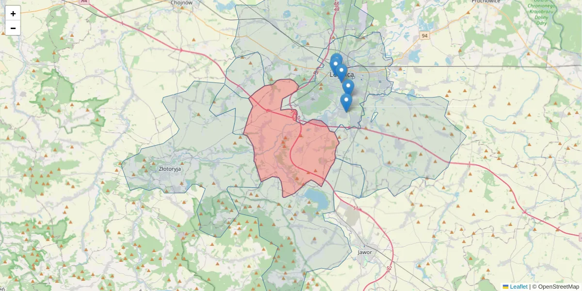 Szczegółowa mapa kodu pocztowego 59-223 z granicami, sąsiednimi kodami pocztowymi i urzędami pocztowymi