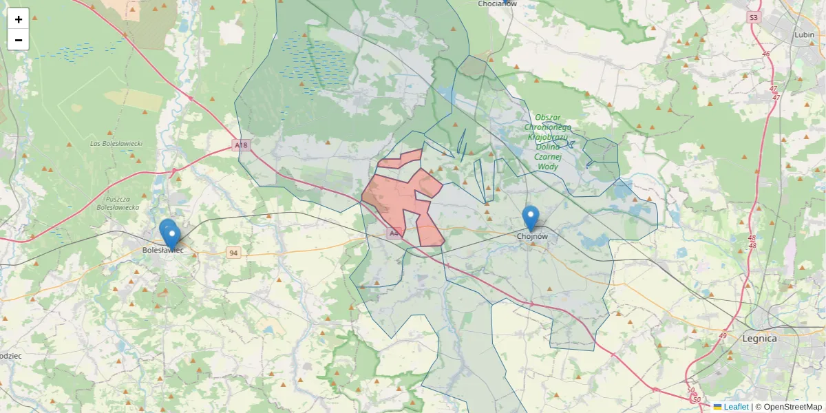 Szczegółowa mapa kodu pocztowego 59-227 z granicami, sąsiednimi kodami pocztowymi i urzędami pocztowymi