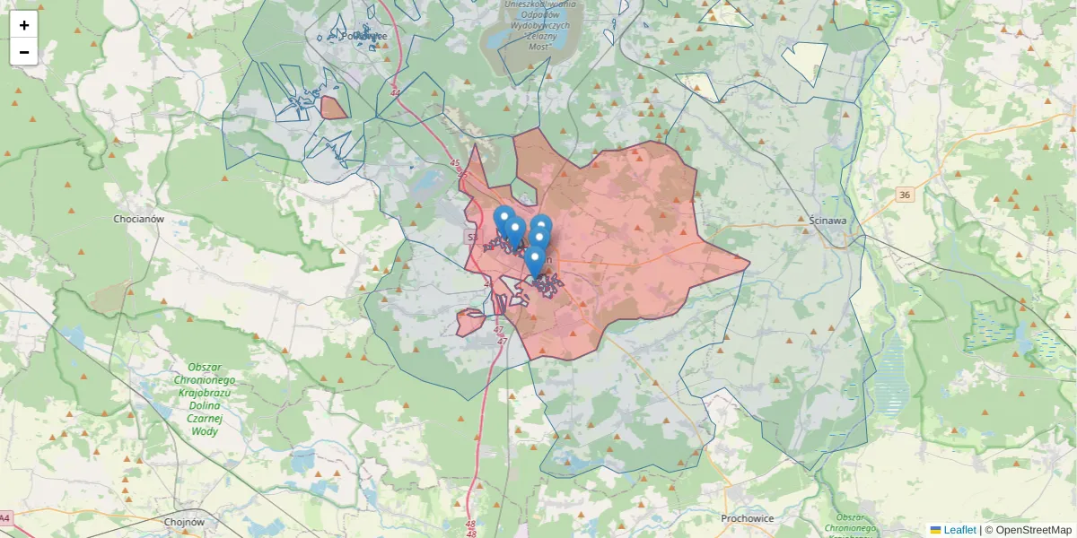 Szczegółowa mapa kodu pocztowego 59-300 z granicami, sąsiednimi kodami pocztowymi i urzędami pocztowymi