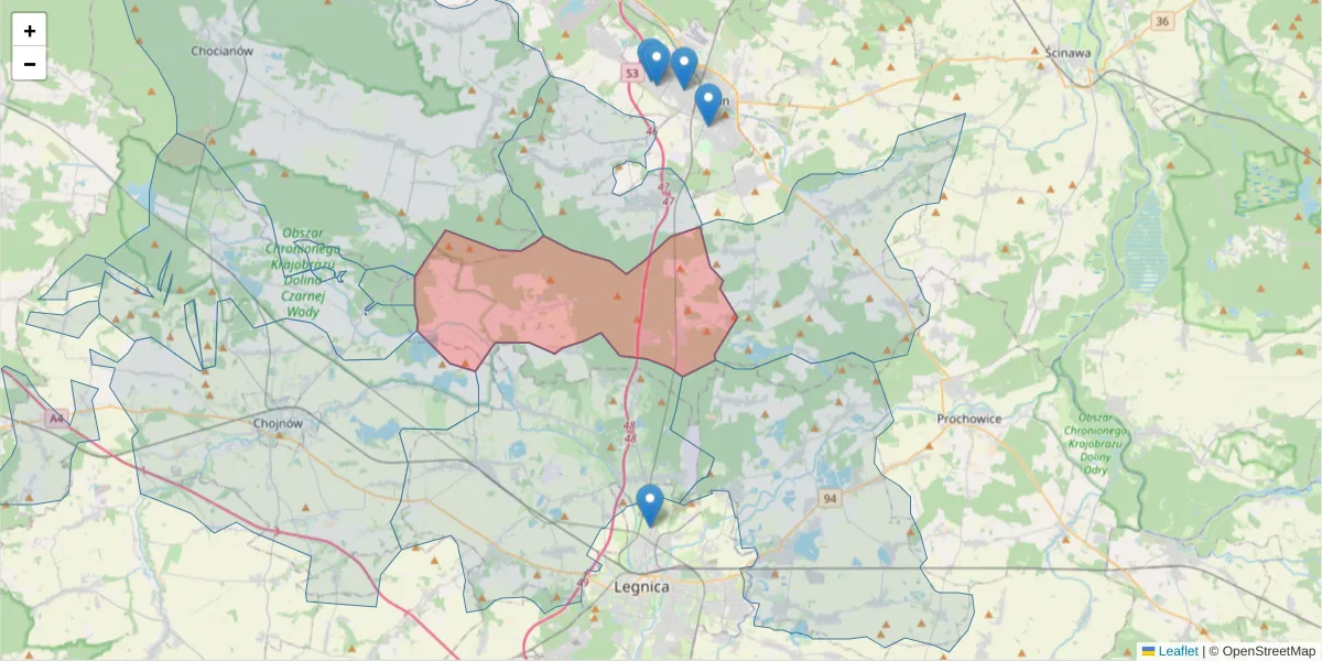 Szczegółowa mapa kodu pocztowego 59-307 z granicami, sąsiednimi kodami pocztowymi i urzędami pocztowymi