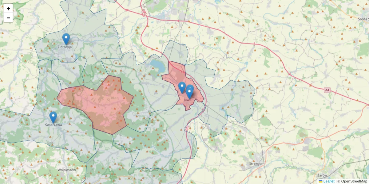 Szczegółowa mapa kodu pocztowego 59-400 z granicami, sąsiednimi kodami pocztowymi i urzędami pocztowymi