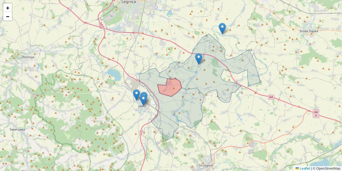 Szczegółowa mapa kodu pocztowego 59-406 z granicami, sąsiednimi kodami pocztowymi i urzędami pocztowymi