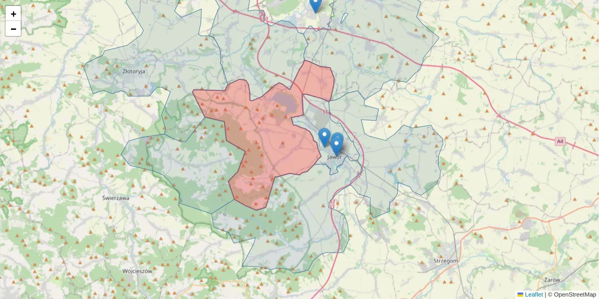 Szczegółowa mapa kodu pocztowego 59-424 z granicami, sąsiednimi kodami pocztowymi i urzędami pocztowymi