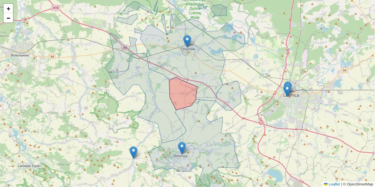 Szczegółowa mapa kodu pocztowego 59-512 z granicami, sąsiednimi kodami pocztowymi i urzędami pocztowymi