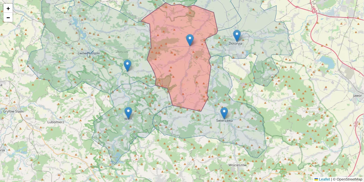 Szczegółowa mapa kodu pocztowego 59-524 z granicami, sąsiednimi kodami pocztowymi i urzędami pocztowymi
