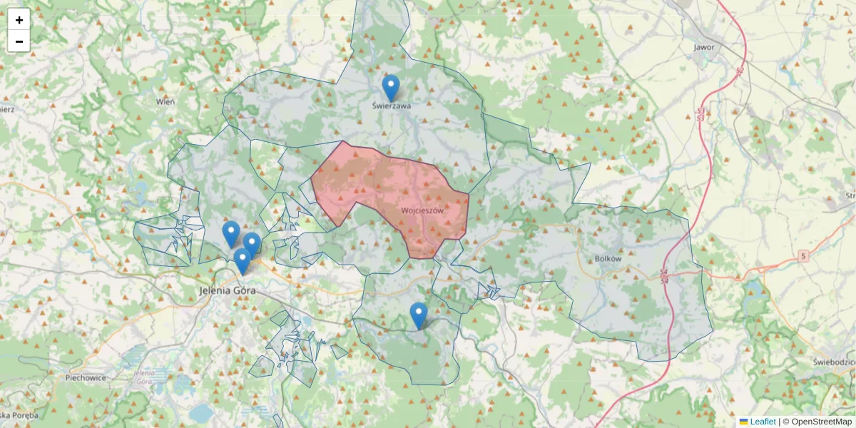 Szczegółowa mapa kodu pocztowego 59-550 z granicami, sąsiednimi kodami pocztowymi i urzędami pocztowymi