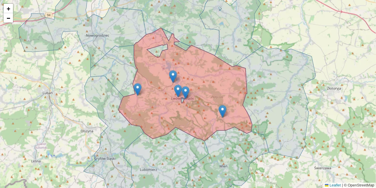 Szczegółowa mapa kodu pocztowego 59-600 z granicami, sąsiednimi kodami pocztowymi i urzędami pocztowymi