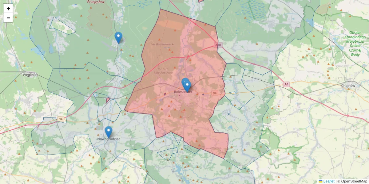 Szczegółowa mapa kodu pocztowego 59-700 z granicami, sąsiednimi kodami pocztowymi i urzędami pocztowymi