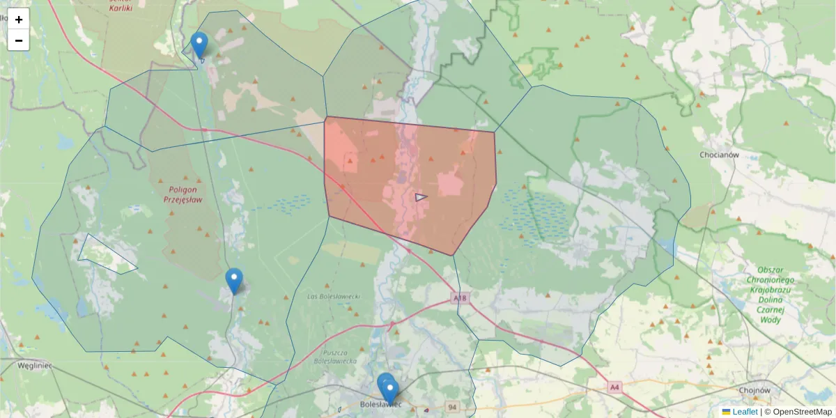 Szczegółowa mapa kodu pocztowego 59-707 z granicami, sąsiednimi kodami pocztowymi i urzędami pocztowymi