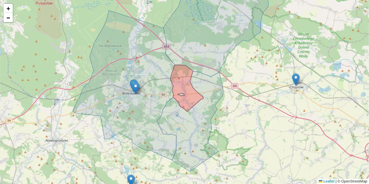 Szczegółowa mapa kodu pocztowego 59-708 z granicami, sąsiednimi kodami pocztowymi i urzędami pocztowymi