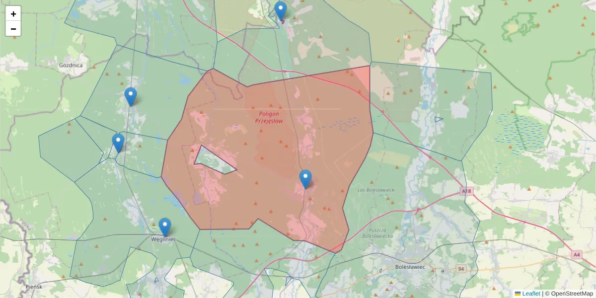Szczegółowa mapa kodu pocztowego 59-724 z granicami, sąsiednimi kodami pocztowymi i urzędami pocztowymi