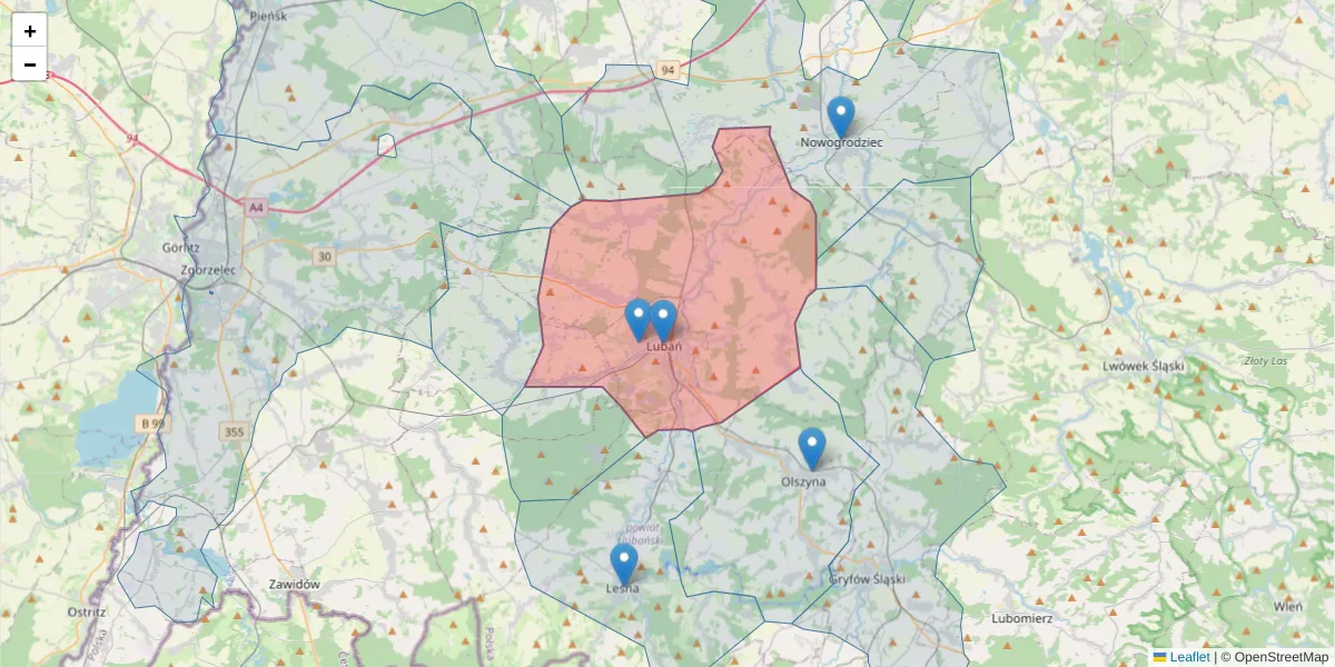 Szczegółowa mapa kodu pocztowego 59-800 z granicami, sąsiednimi kodami pocztowymi i urzędami pocztowymi