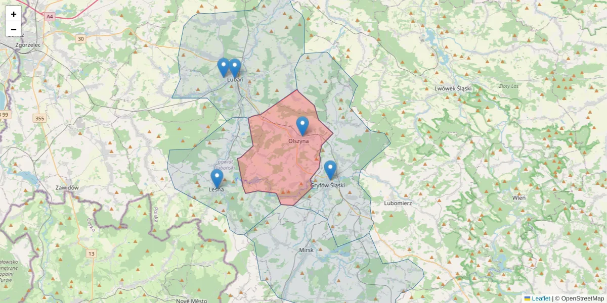 Szczegółowa mapa kodu pocztowego 59-830 z granicami, sąsiednimi kodami pocztowymi i urzędami pocztowymi