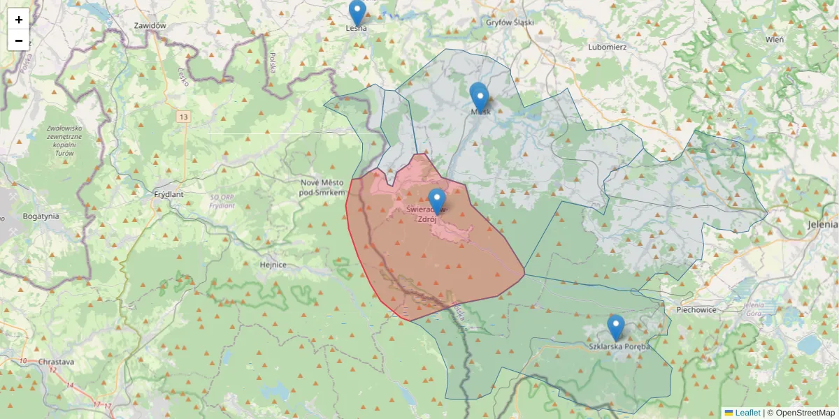 Szczegółowa mapa kodu pocztowego 59-850 z granicami, sąsiednimi kodami pocztowymi i urzędami pocztowymi