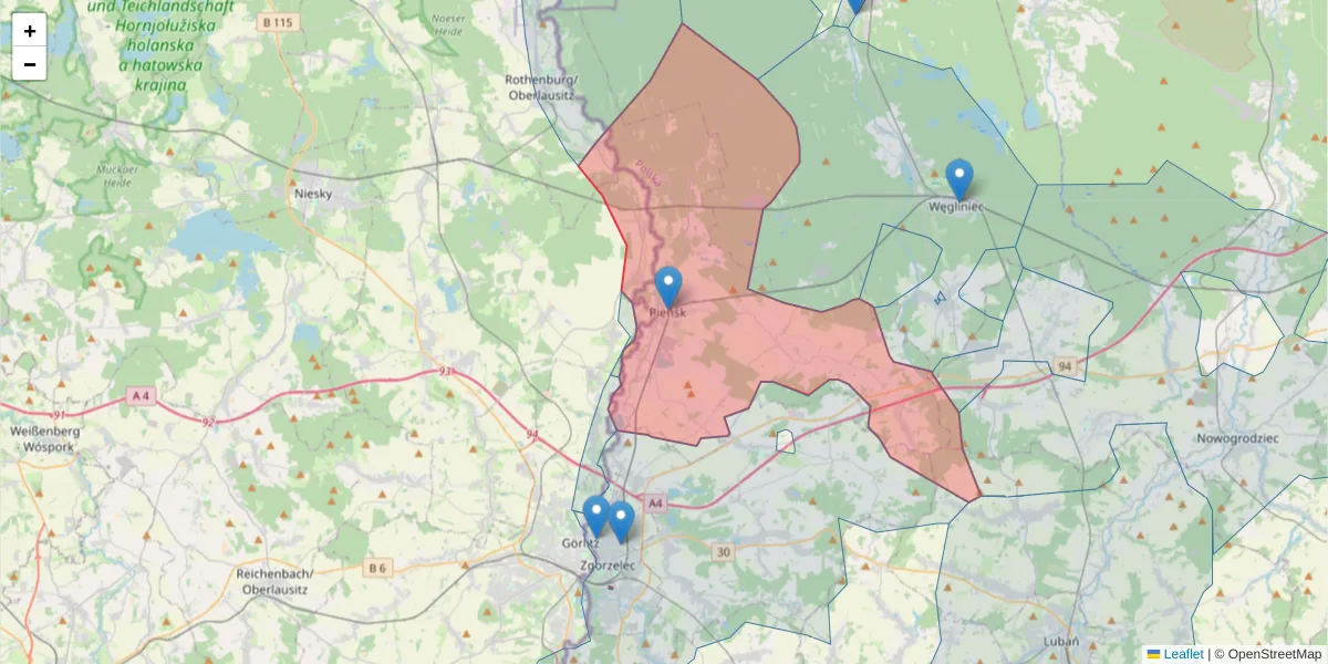 Szczegółowa mapa kodu pocztowego 59-930 z granicami, sąsiednimi kodami pocztowymi i urzędami pocztowymi