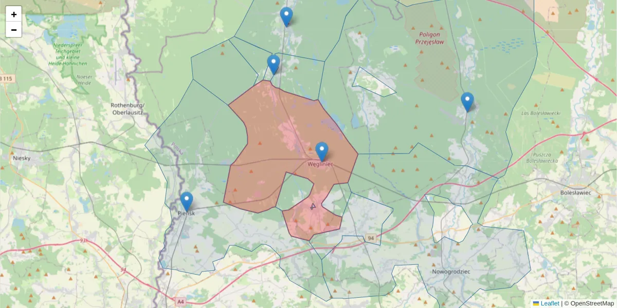 Szczegółowa mapa kodu pocztowego 59-940 z granicami, sąsiednimi kodami pocztowymi i urzędami pocztowymi