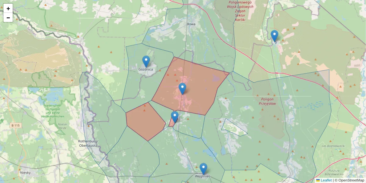 Szczegółowa mapa kodu pocztowego 59-950 z granicami, sąsiednimi kodami pocztowymi i urzędami pocztowymi