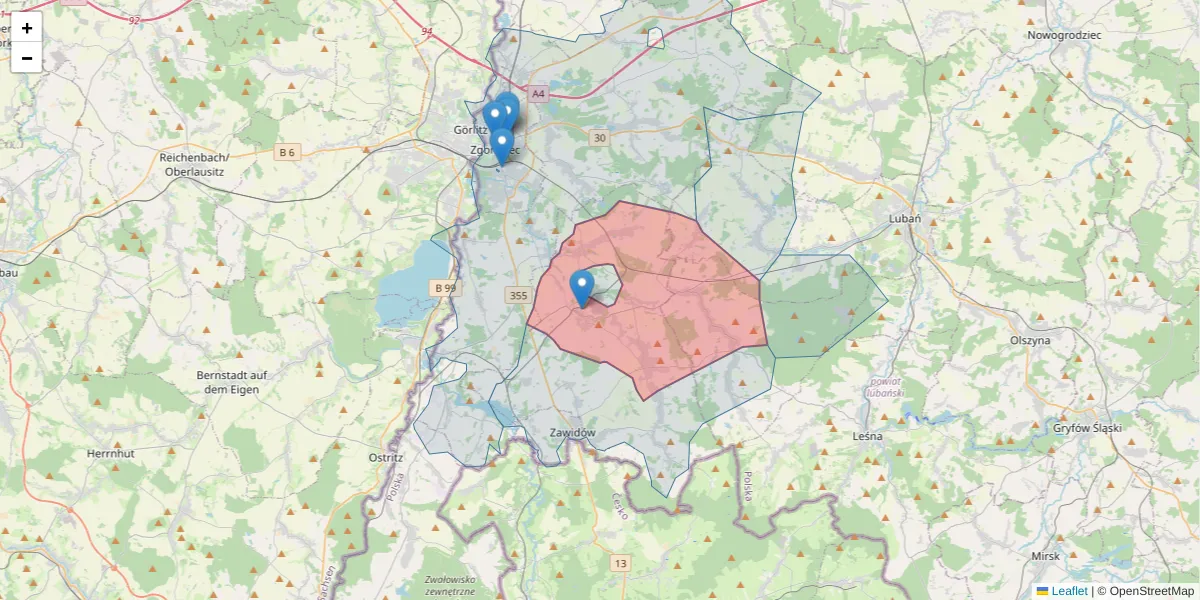 Szczegółowa mapa kodu pocztowego 59-975 z granicami, sąsiednimi kodami pocztowymi i urzędami pocztowymi
