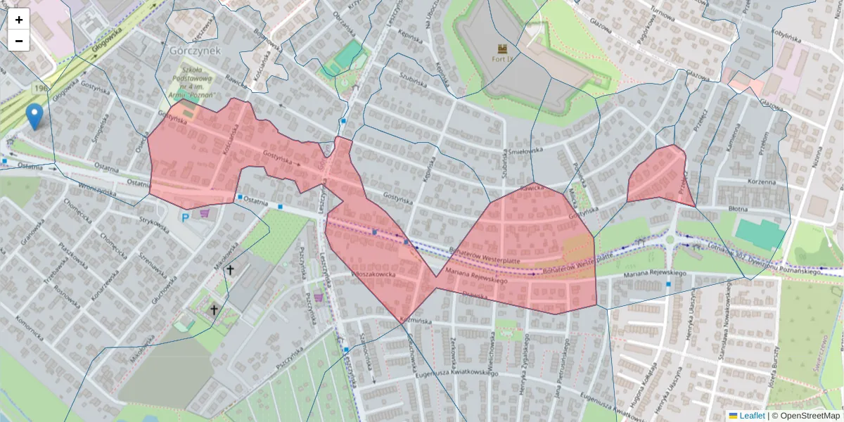 Szczegółowa mapa kodu pocztowego 60-103 z granicami, sąsiednimi kodami pocztowymi i urzędami pocztowymi