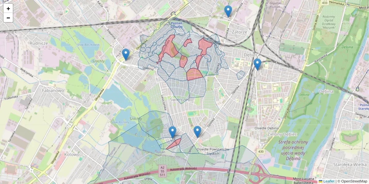 Szczegółowa mapa kodu pocztowego 60-115 z granicami, sąsiednimi kodami pocztowymi i urzędami pocztowymi