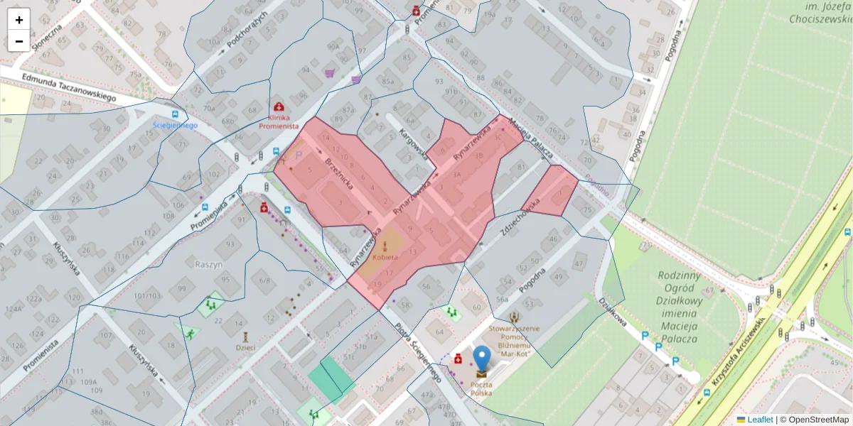 Szczegółowa mapa kodu pocztowego 60-133 z granicami, sąsiednimi kodami pocztowymi i urzędami pocztowymi