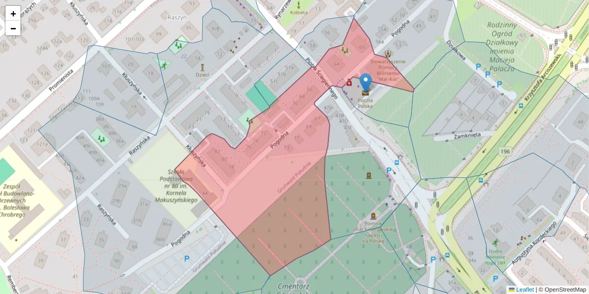 Szczegółowa mapa kodu pocztowego 60-137 z granicami, sąsiednimi kodami pocztowymi i urzędami pocztowymi