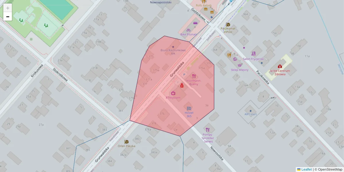Szczegółowa mapa kodu pocztowego 60-173 z granicami, sąsiednimi kodami pocztowymi i urzędami pocztowymi